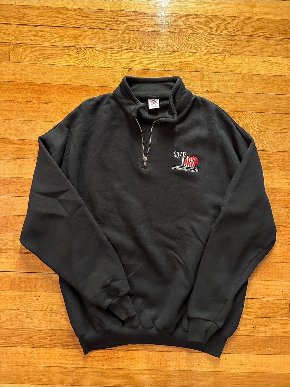 Vintage 1/4 Zip Sweatshirt 2XL Mens 90s Black 98.7 Kiss FM Graphic Embroidered